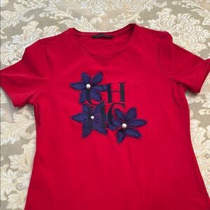Red Carolina Herrera  Shirt with Blue Floral Design